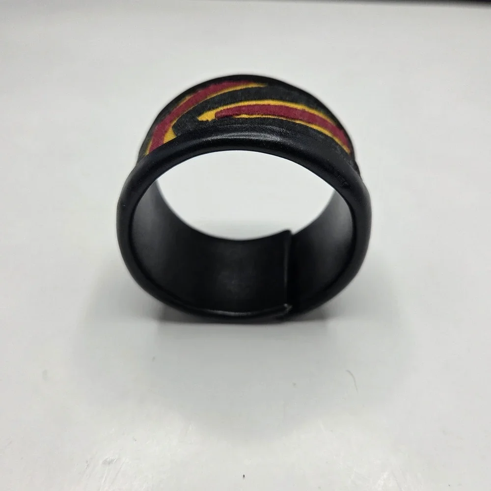 Leather Cuff Bracelet Geometric Fabric Inlay OS Black Red Yellow Boho